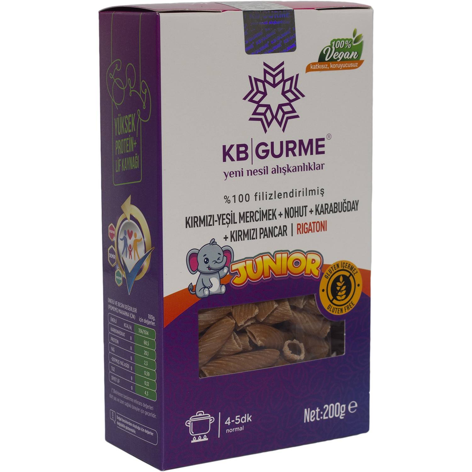 KB Gurme Glutensiz & Vegan Filizlendirilmiş Bakliyat Unlarından Junior  Rigatoni 200 Gr