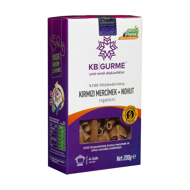 KB Gurme Glutensiz & Vegan Kırmızı Mercimek Unu + Nohut Unu Makarna Rigatoni 200 Gr